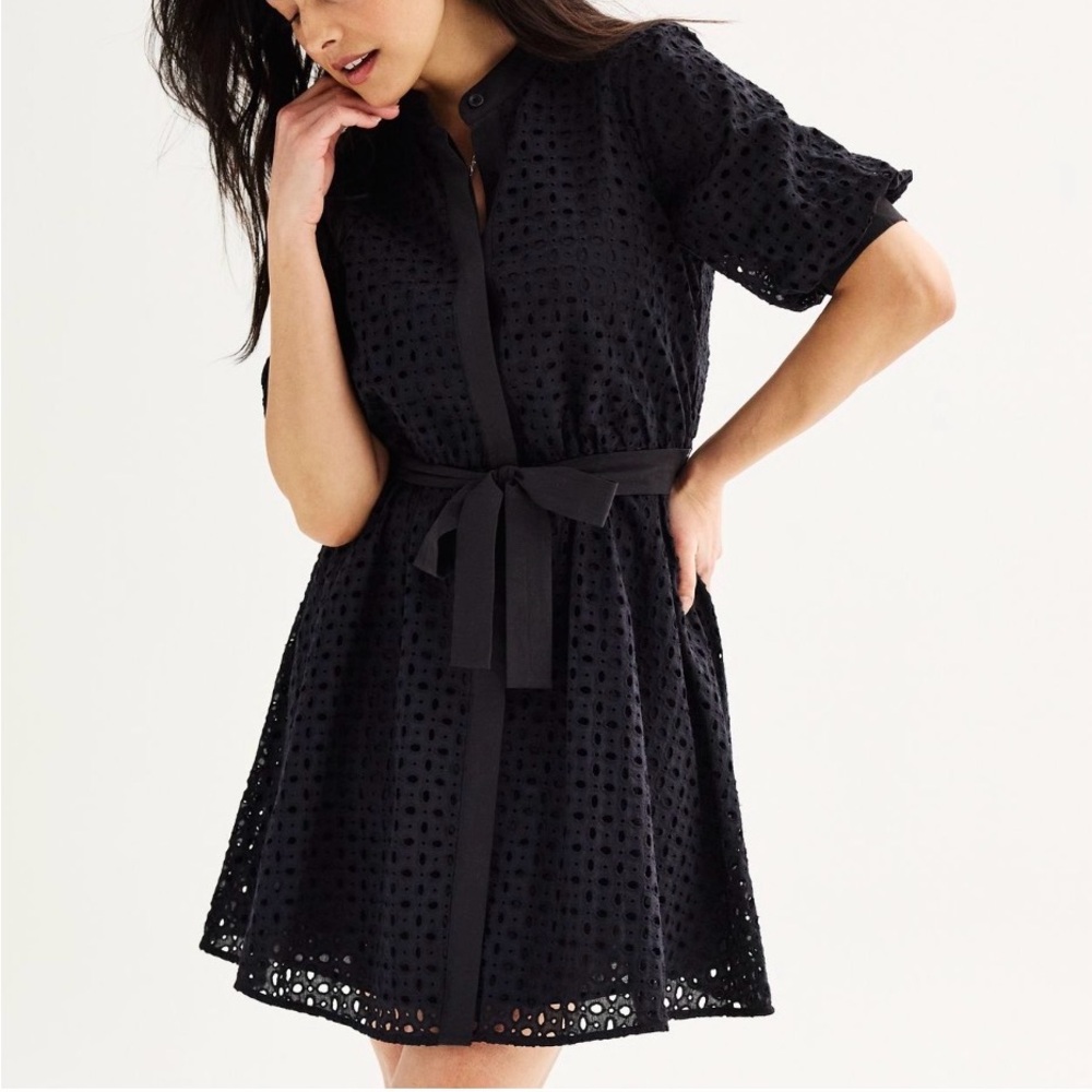 Nine West Black Eyelet Belted Dress